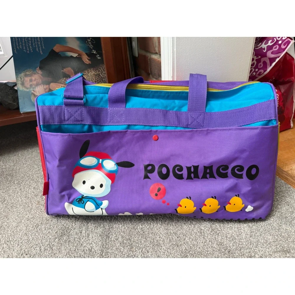 Vintage 1999 Sanrio Pochacco Duffle Bag Purple Teal Yellow Large Travel Gym Bag